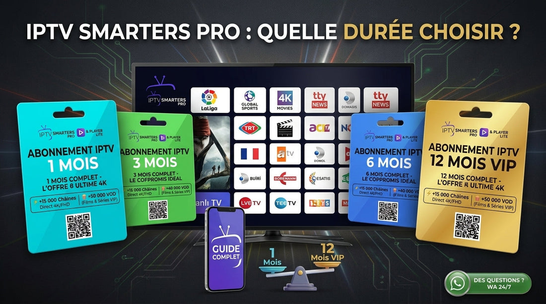 Guide comparatif IPTV Smarters Pro : Comment choisir entre un abonnement 1 mois, 3 mois, 6 mois et 12 mois VIP 4K Ultra HD
