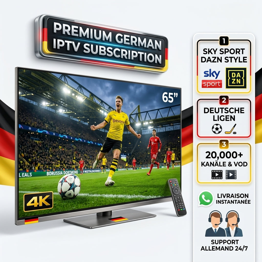 IPTV television displaying a soccer match, shown with a remote control, a 'Premium German IPTV Subscription' banner, and a list of included features on the right side.