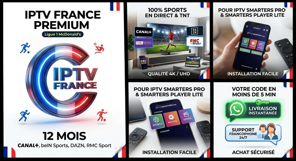 Promotional graphic for IPTV France Premium with French text, showing a large IPTV France logo, screenshots of sports channels on a TV and phone, remote controls, and service claims like 100% sports, installation ease, and live coding support.