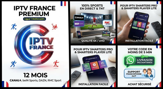 Promotional graphic for IPTV France Premium with French text, showing a large IPTV France logo, screenshots of sports channels on a TV and phone, remote controls, and service claims like 100% sports, installation ease, and live coding support.